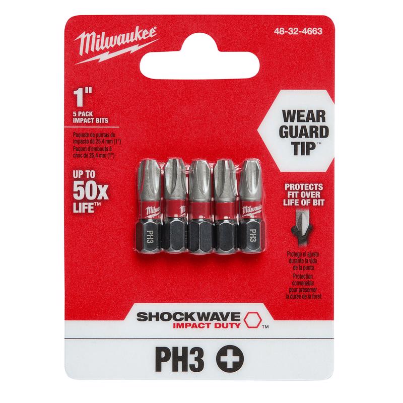 Milwaukee Shockwave Phillips #3 X 1 in. L Screwdriver Bit Steel 5 pc