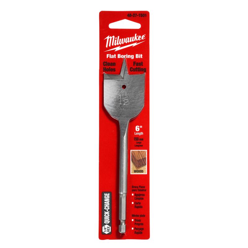 Milwaukee 1-1/2 in. X 6 in. L Heat-Treated Steel Flat Boring Bit Quick-Change Hex Shank