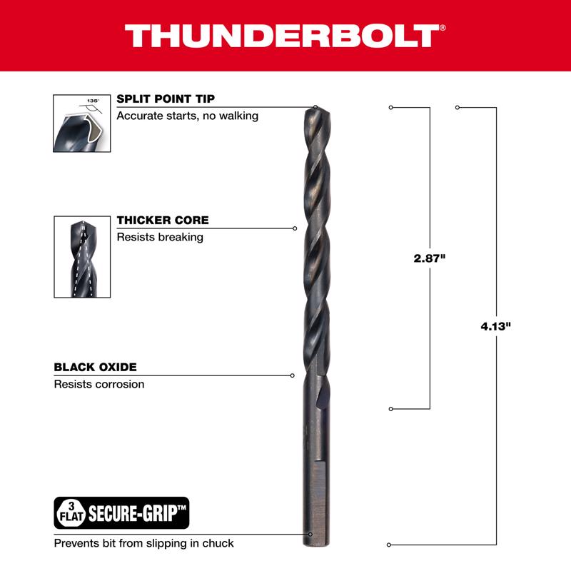 Milwaukee Thunderbolt 17/64 in. X 4-1/8 in. L Black Oxide Drill Bit 3-Flat Shank