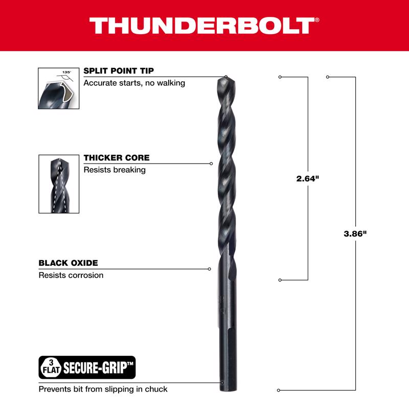 Milwaukee Thunderbolt 15/64 in. X 3-7/8 in. L Black Oxide Drill Bit 3-Flat Shank
