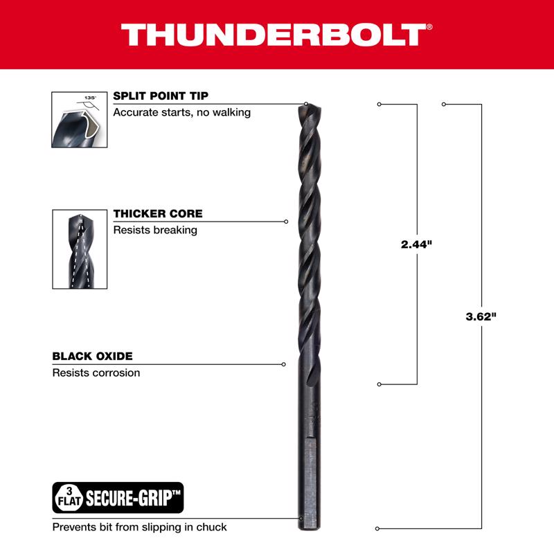 Milwaukee Thunderbolt 13/64 in. X 3-5/8 in. L Black Oxide Drill Bit 3-Flat Shank