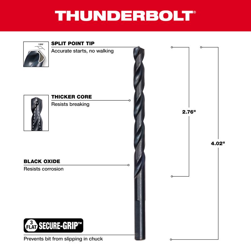 Milwaukee Thunderbolt 3/16 in. X 3-1/2 in. L Black Oxide Drill Bit Round Shank