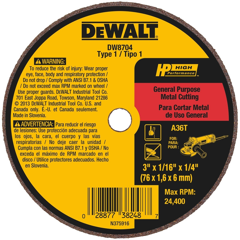 DeWalt High Performance 3 in. D X 1/4 in. Aluminum Oxide Cut-Off Wheel