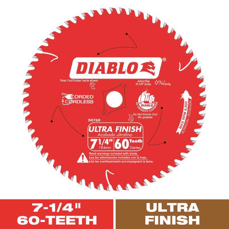 Diablo 7-1/4 in. D X 5/8 in. TiCo Hi-Density Carbide Circular Saw Blade 60 teeth