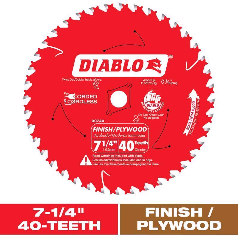 Diablo 7-1/4 in. D X 5/8 in. TiCo Hi-Density Carbide Circular Saw Blade 40 teeth