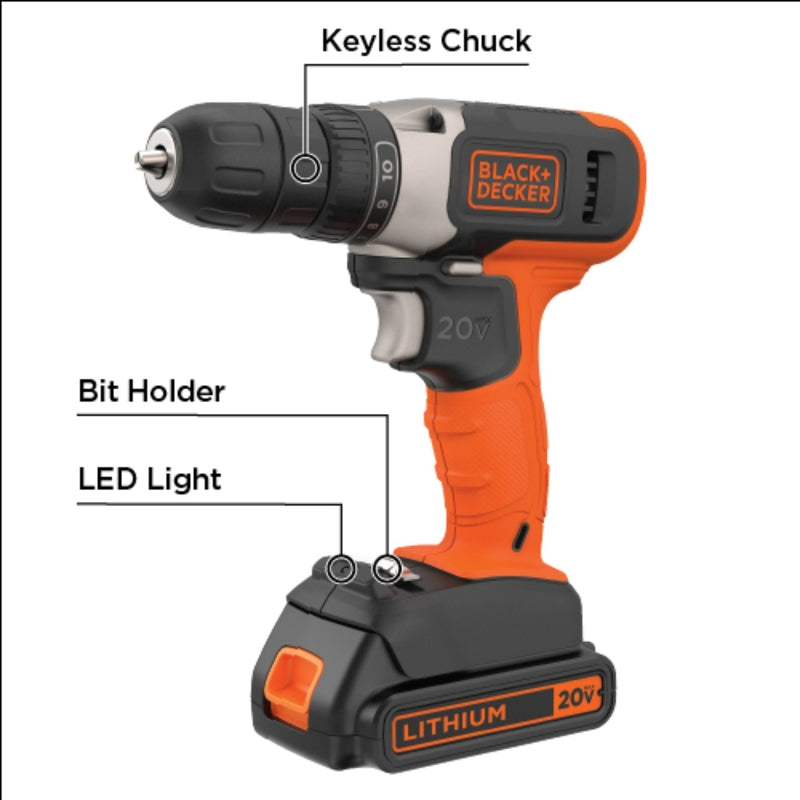 Black+Decker 20V MAX 3/8 in. Brushed Cordless Drill/Driver Kit (Battery & Charger)