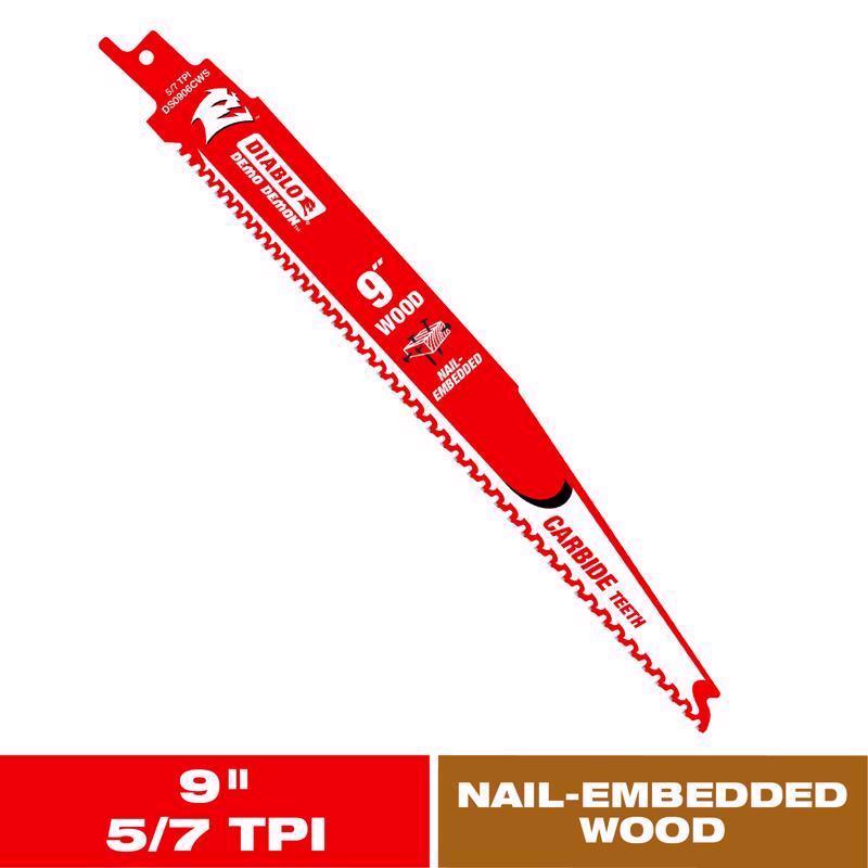 Diablo Demo Demon 9 in. Carbide Nail-Embedded Wood Reciprocating Saw Blade 5/7 TPI