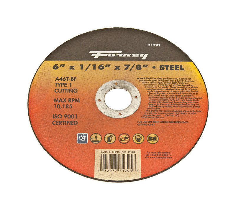 Forney 6 in. D X 7/8 in. Aluminum Oxide Metal Cut-Off Wheel