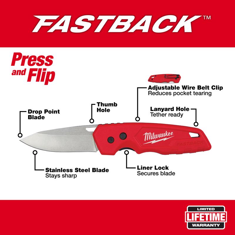 Milwaukee Fastback 7.5 in. Press and Flip Folding Pocket Knife Red