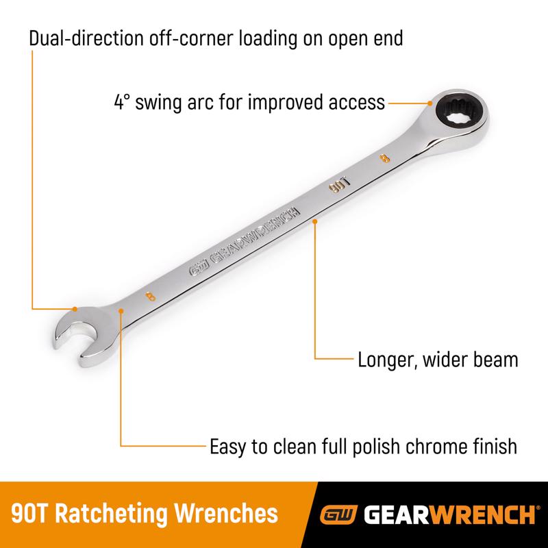 GEARWRENCH 1/2 inch in. X 1/2 inch in. 12 Point SAE Ratcheting Combination Wrench 7.839 in. L