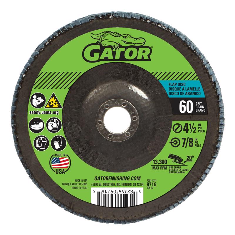 Gator 4-1/2 in. D X 7/8 in. Zirconia Aluminum Oxide Flap Disc 60 Grit