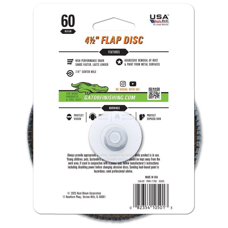 Gator 4-1/2 in. D X 7/8 in. Zirconia Aluminum Oxide Flap Disc 60 Grit