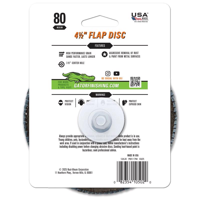 Gator 4-1/2 in. D X 7/8 in. Zirconia Aluminum Oxide Flap Disc 80 Grit