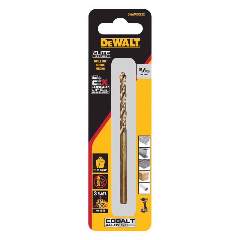 DeWalt ELITE SERIES 3/16 in. X 3.5 in. L Cobalt Steel Pilot Point Drill Bit Round Shank