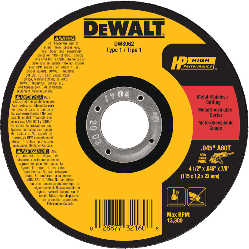 DeWalt 4-1/2 in. D X 7/8 in. Aluminum Oxide Metal Cut-Off Wheel