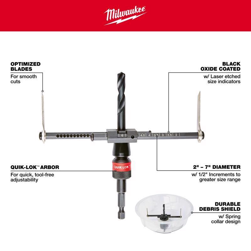 Milwaukee 2 to 7 in. Bi-Metal 1/4 in. L X 1/4 in. D Adjustable Hole Cutter