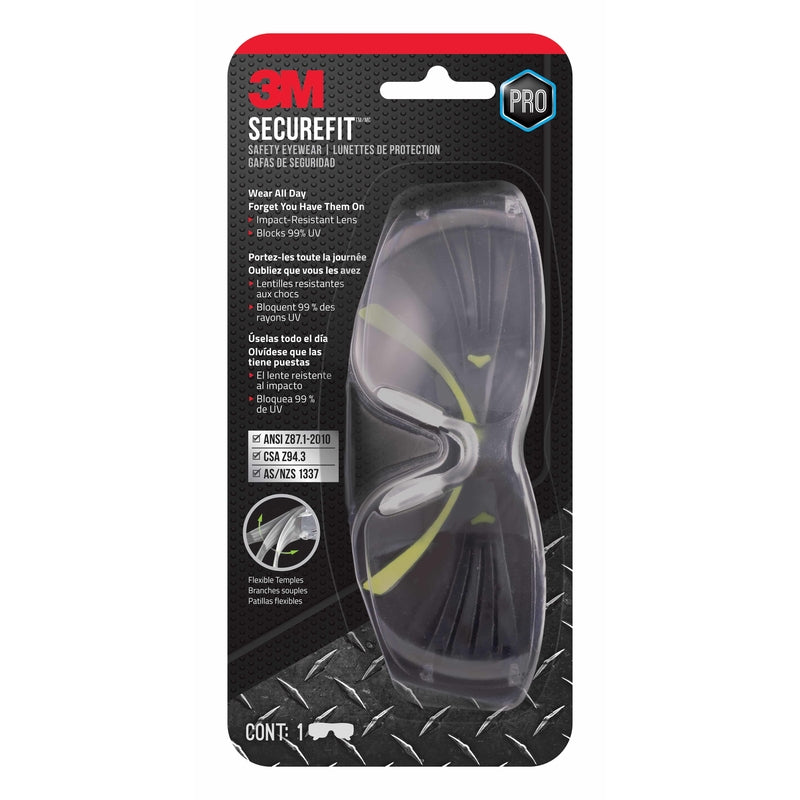 3M SecureFit Anti-Fog Safety Glasses Clear Lens Black/Green Frame
