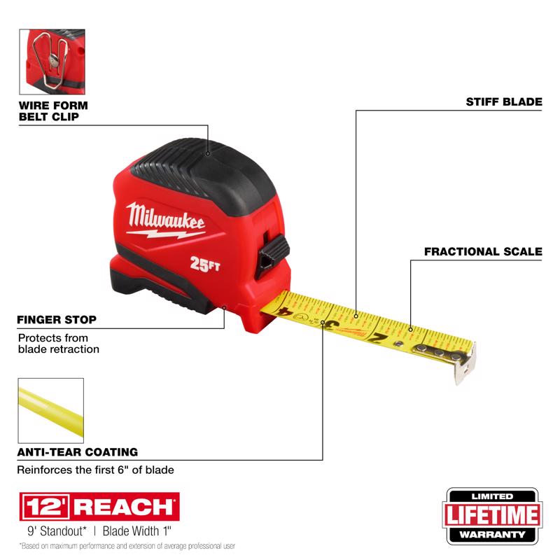 Milwaukee 25 ft. L X 1.65 in. W Compact Tape Measure