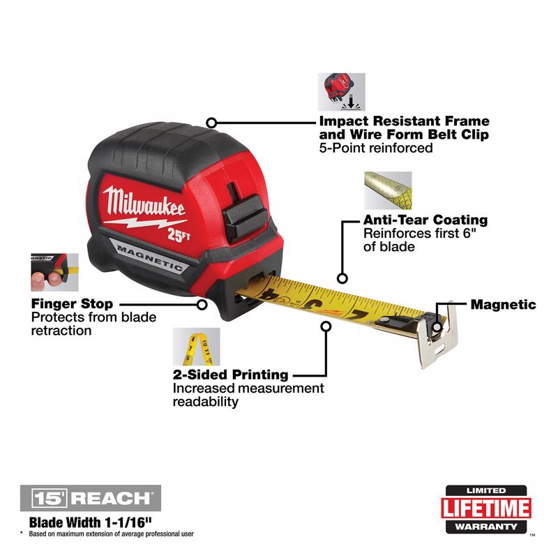 Milwaukee 25 ft. L X 1 in. W Compact Magnetic Tape Measure