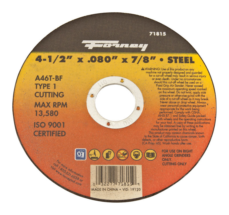 Forney 4-1/2 in. D X 7/8 in. Aluminum Oxide Metal Cut-Off Wheel