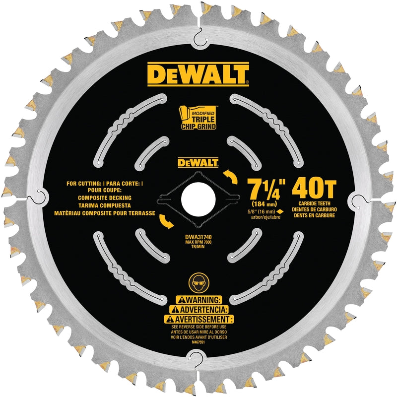 DeWalt 7-1/4 in. D X 5/8 in. Carbide Saw Blade 40 teeth