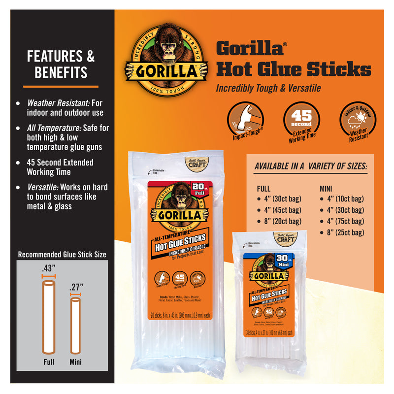 Gorilla High Strength Clear Hot Glue Sticks 20 pc