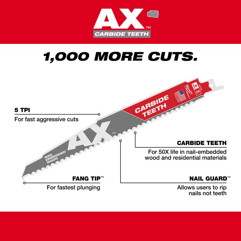 Milwaukee AX 9 in. Carbide Demolition Reciprocating Saw Blade 5 TPI