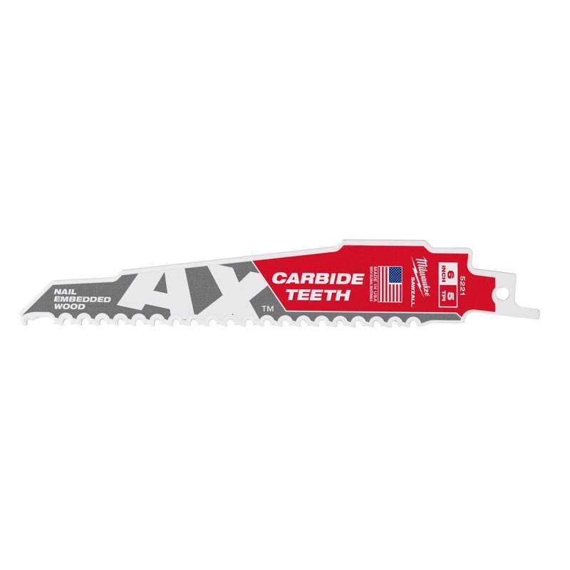 Milwaukee AX 6 in. Carbide Demolition Reciprocating Saw Blade 5 TPI