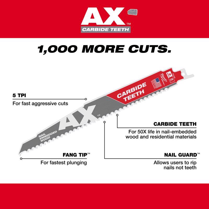 Milwaukee AX 6 in. Carbide Demolition Reciprocating Saw Blade 5 TPI