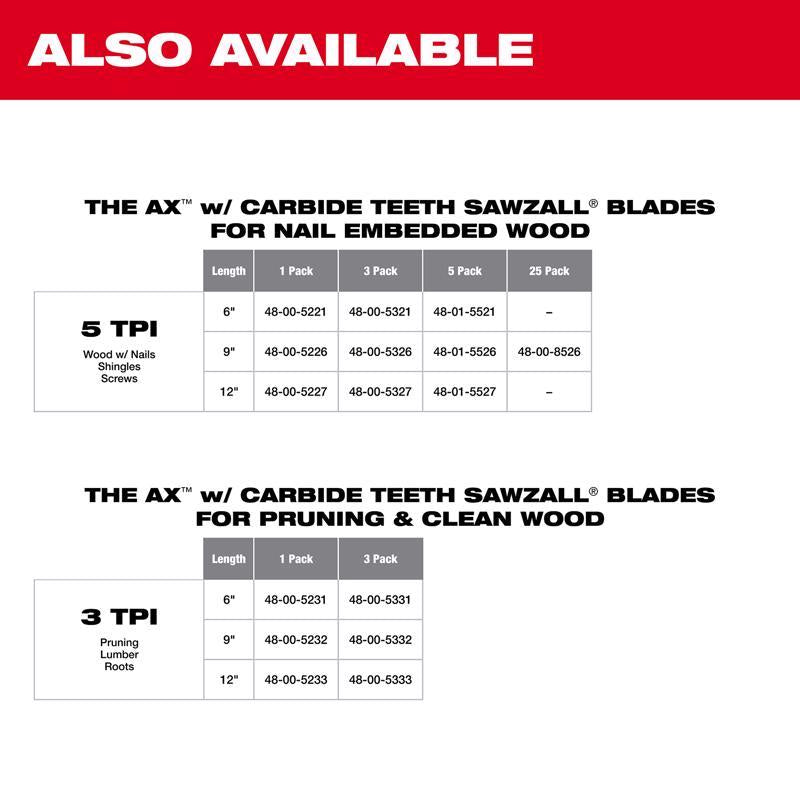 Milwaukee AX 6 in. Carbide Demolition Reciprocating Saw Blade 5 TPI