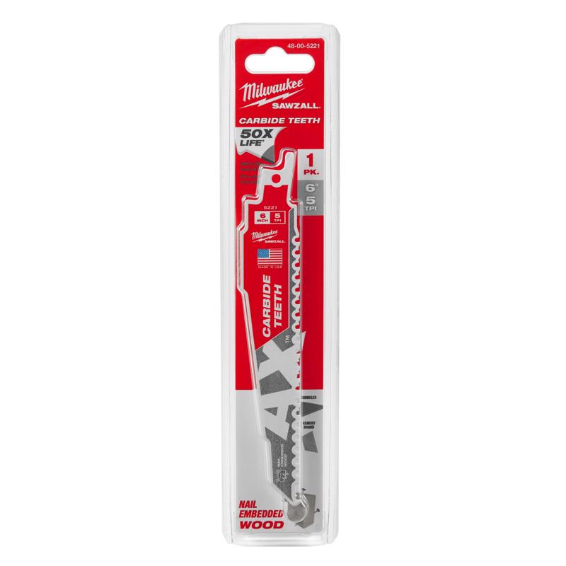 Milwaukee AX 6 in. Carbide Demolition Reciprocating Saw Blade 5 TPI
