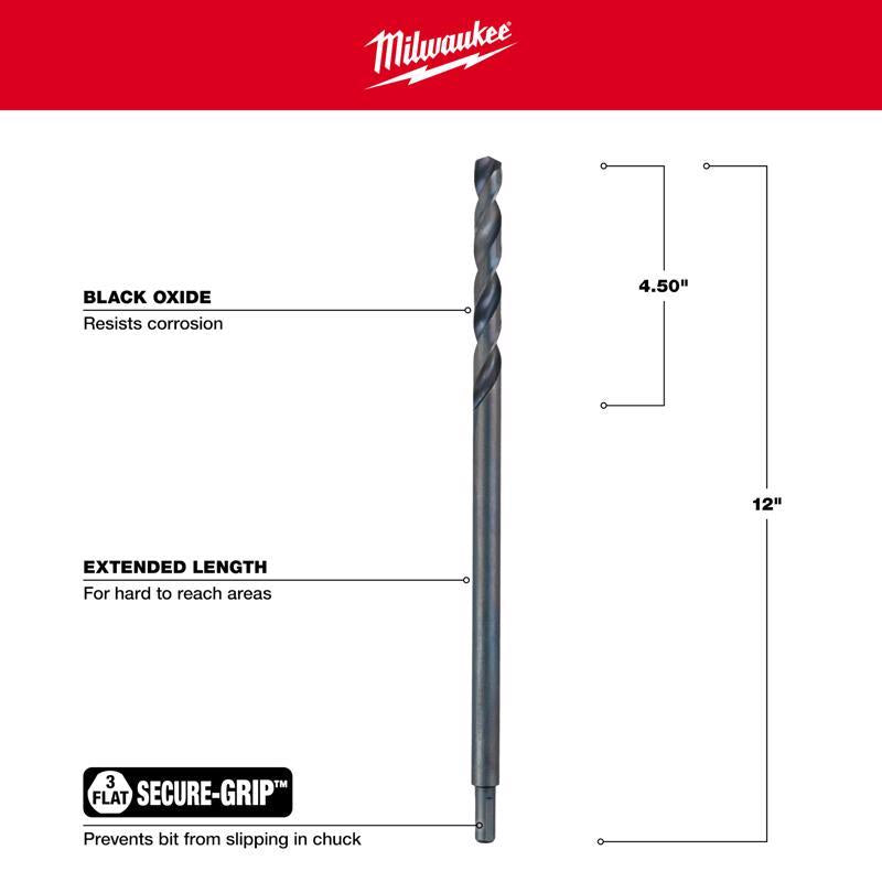 Milwaukee 1/2 in. X 12 in. L Aircraft Length Drill Bit 3-Flat Shank