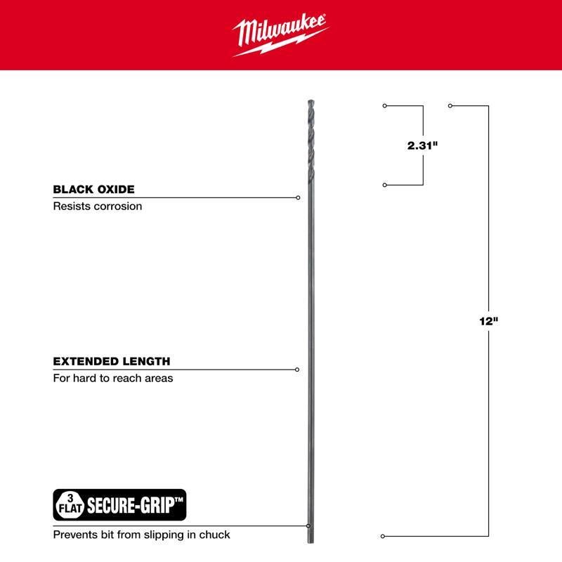 Milwaukee 3/16 in. X 12 in. L Aircraft Length Drill Bit 3-Flat Shank