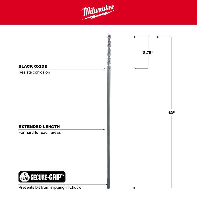 Milwaukee 1/4 in. X 12 in. L Aircraft Length Drill Bit 3-Flat Shank
