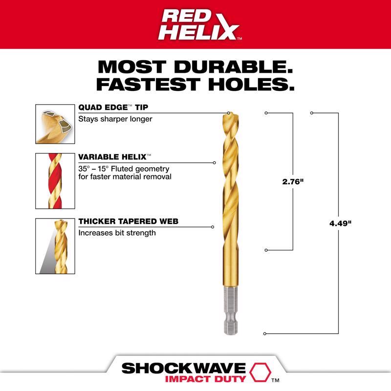 Milwaukee Shockwave 21/64 in. X 4.49 in. L Titanium Red Helix Drill Bit Hex Shank