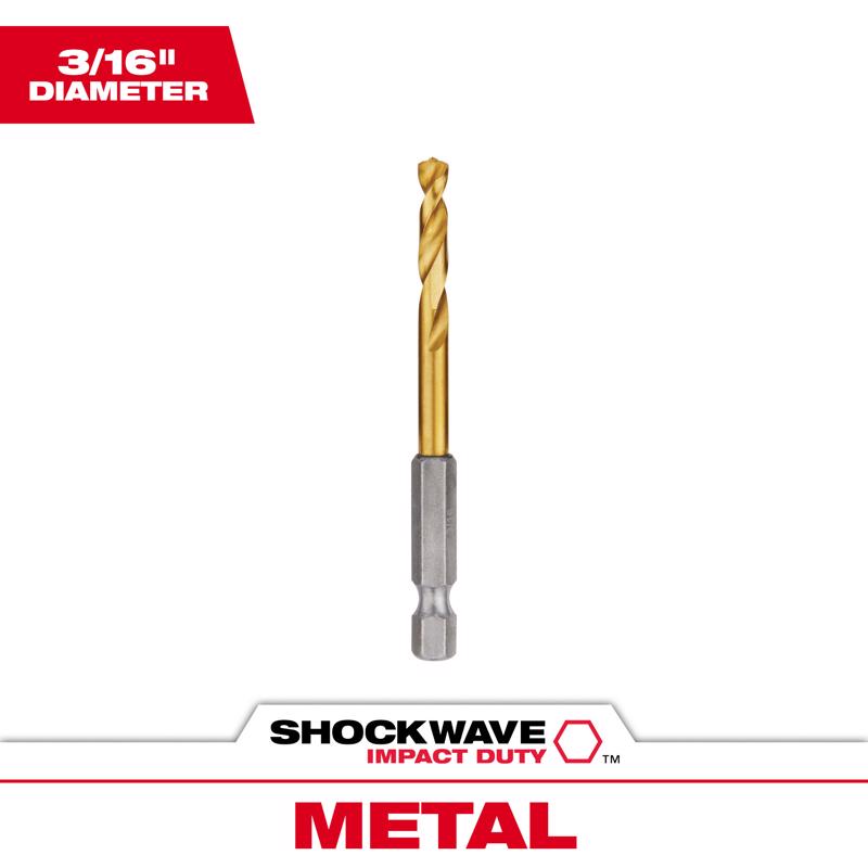 Milwaukee Shockwave 3/16 in. X 3.00 in. L Titanium Red Helix Drill Bit Hex Shank