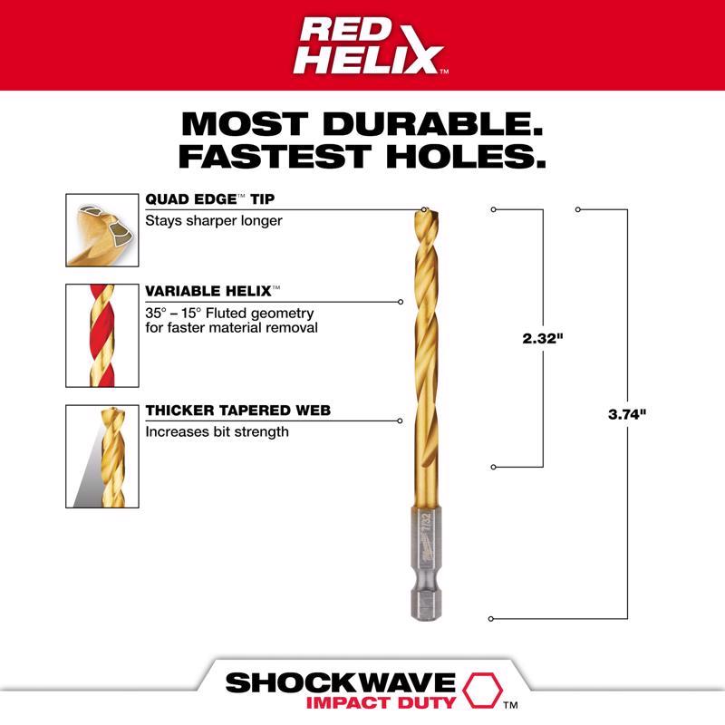 Milwaukee Shockwave 15/64 in. X 4-1/8 in. L Titanium Red Helix Drill Bit Hex Shank