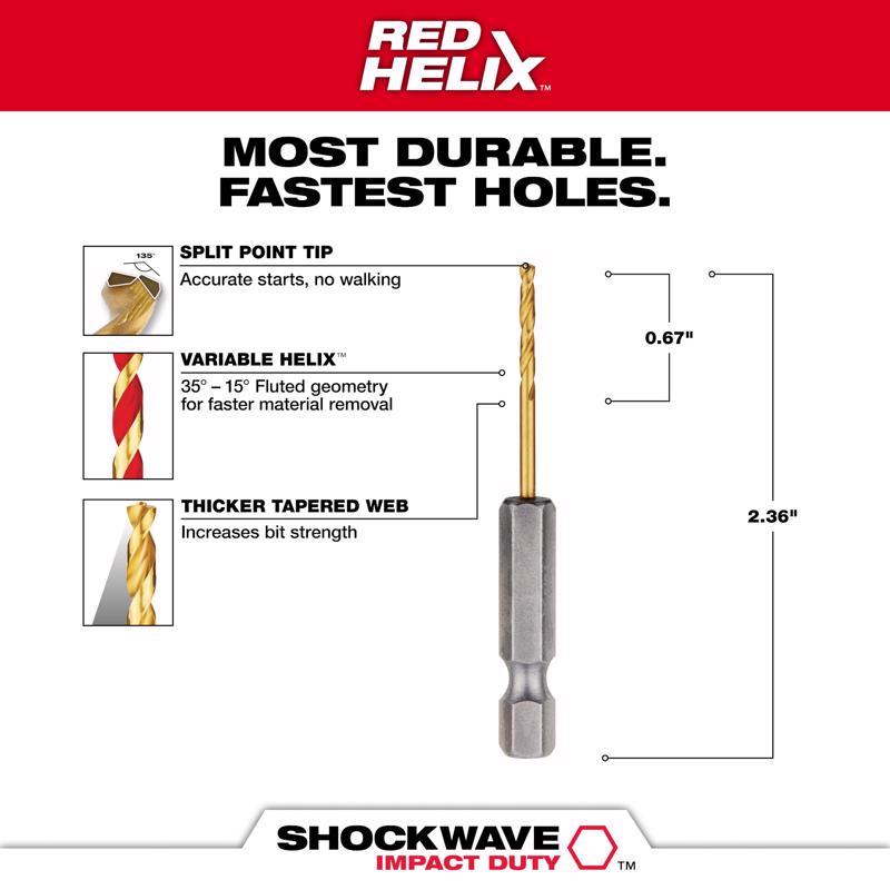 Milwaukee Shockwave 5/64 in. X 3.15 in. L Titanium Red Helix Drill Bit Hex Shank 2 pc