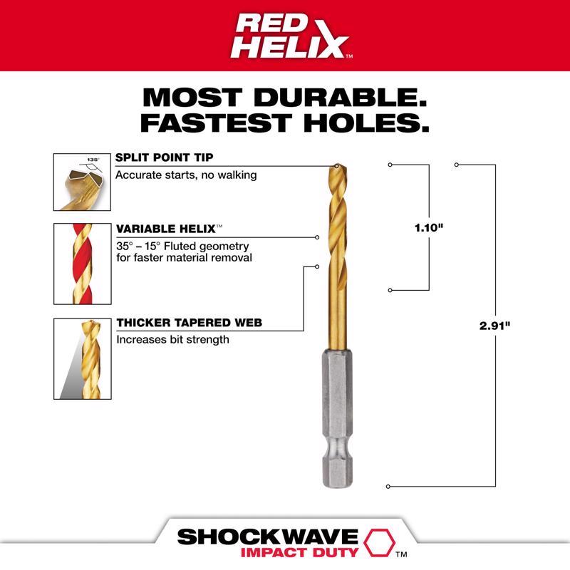 Milwaukee Shockwave 11/64 in. X 2.91 in. L Titanium Red Helix Drill Bit Hex Shank