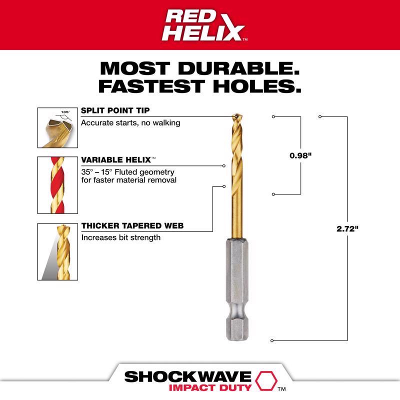 Milwaukee Shockwave 9/64 in. X 2.63 in. L High Speed Steel Red Helix Drill Bit Hex Shank