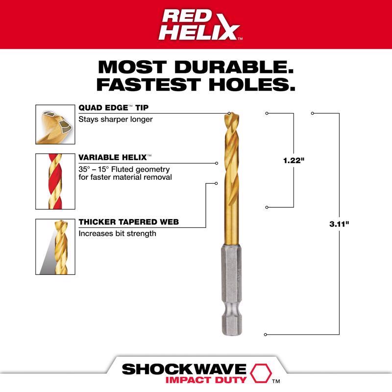 Milwaukee Shockwave 13/64 in. X 3-1/2 in. L Titanium Red Helix Drill Bit Hex Shank