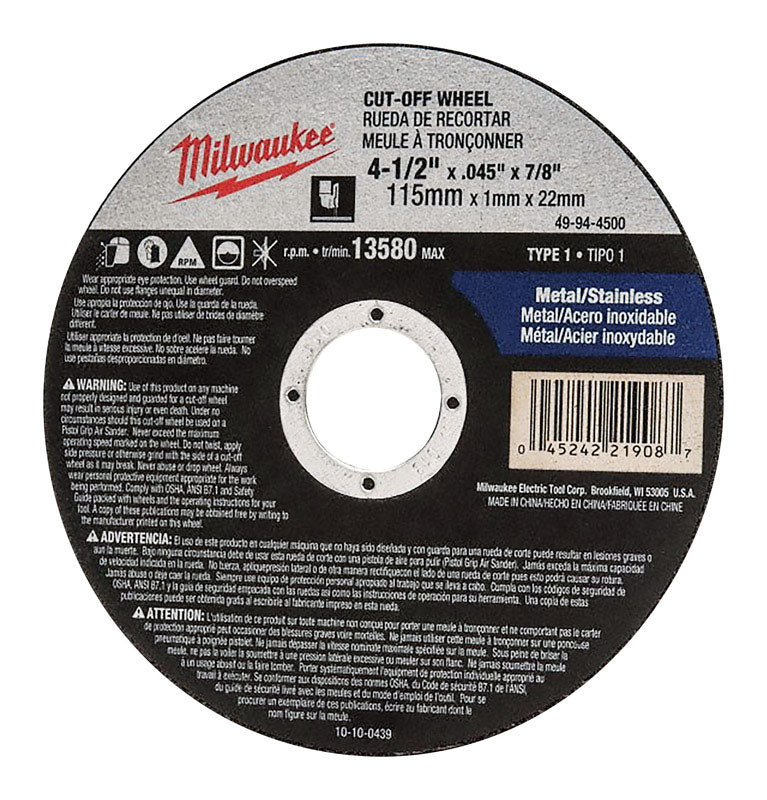 Milwaukee 4-1/2 in. D X 7/8 in. Aluminum Oxide Cutting Cut-Off Wheel