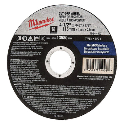 Milwaukee 4-1/2 in. D X 7/8 in. Aluminum Oxide Cutting Cut-Off Wheel
