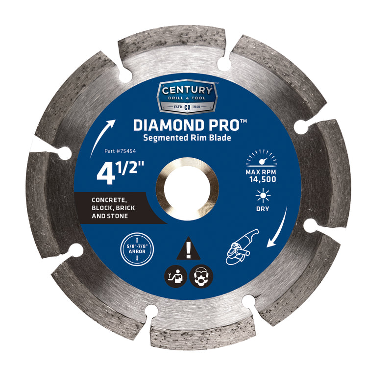 Century Drill & Tool 4-1/2 in. D X 5/8 and 7/8 in. Diamond Segmented Rim Blade