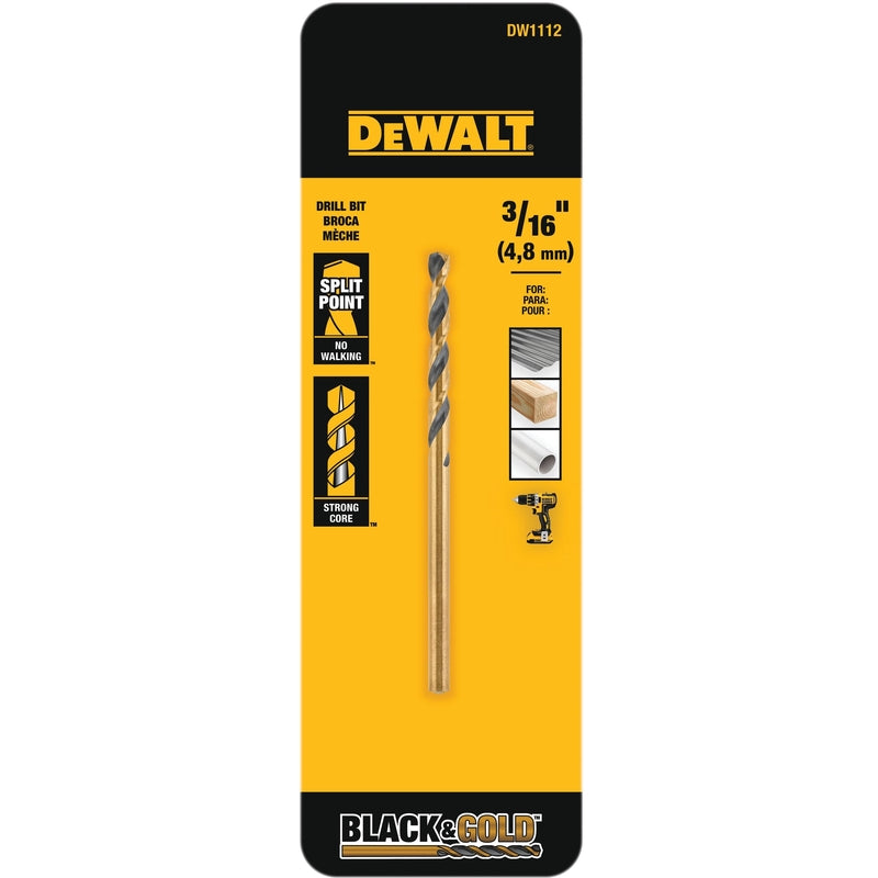 DeWalt Black & Gold 3/16 in. X 3.5 in. L High Speed Steel Split Point Drill Bit Round Shank