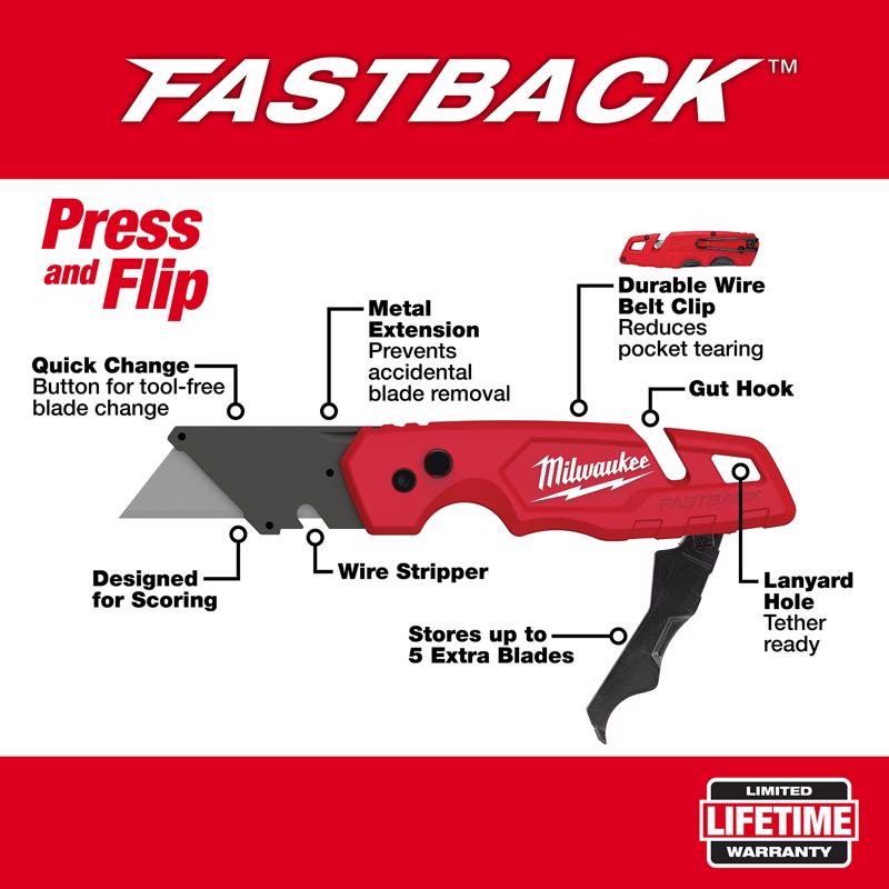 Milwaukee Fastback 6-3/4 in. Press and Flip Folding Utility Knife Red