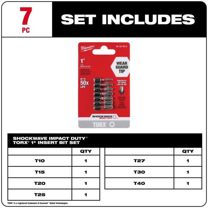 Milwaukee Shockwave Torx 1 in. L Insert Bit Set Alloy Steel 7 pc