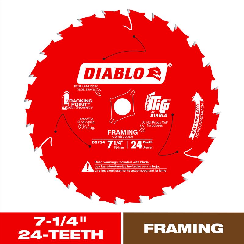 Diablo Tracking Point 7-1/4 in. D X 5/8 in. TiCo Hi-Density Carbide Saw Blade 24 teeth