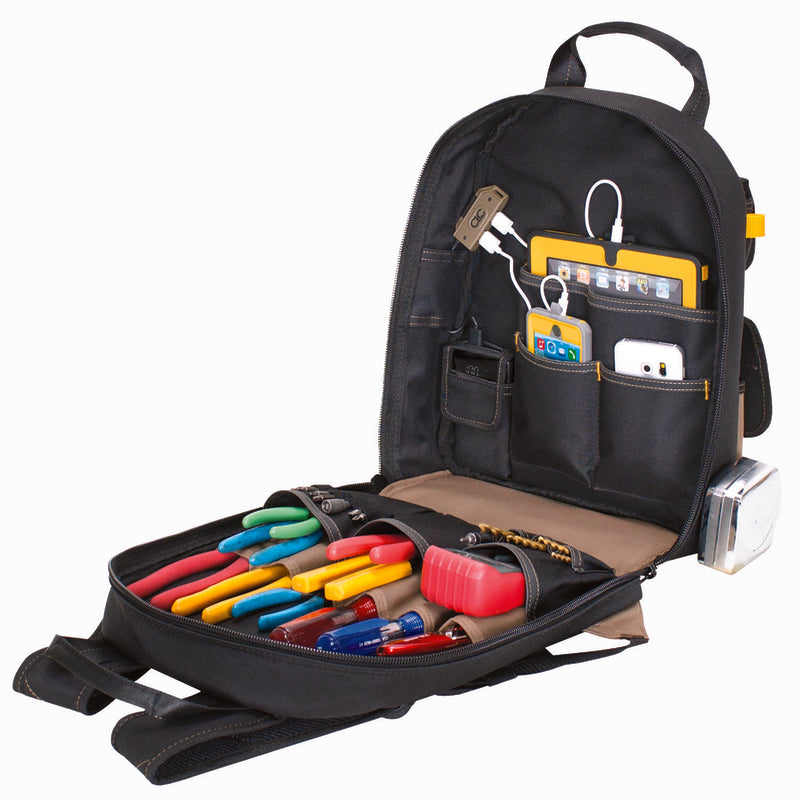 CLC E-Charge 6 in. W X 19.5 in. H Polyester Backpack Tool Bag 23 pocket Black/Tan