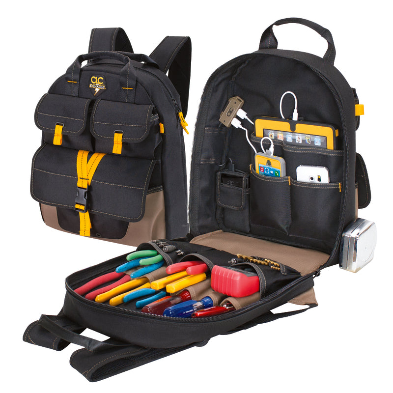 CLC E-Charge 6 in. W X 19.5 in. H Polyester Backpack Tool Bag 23 pocket Black/Tan